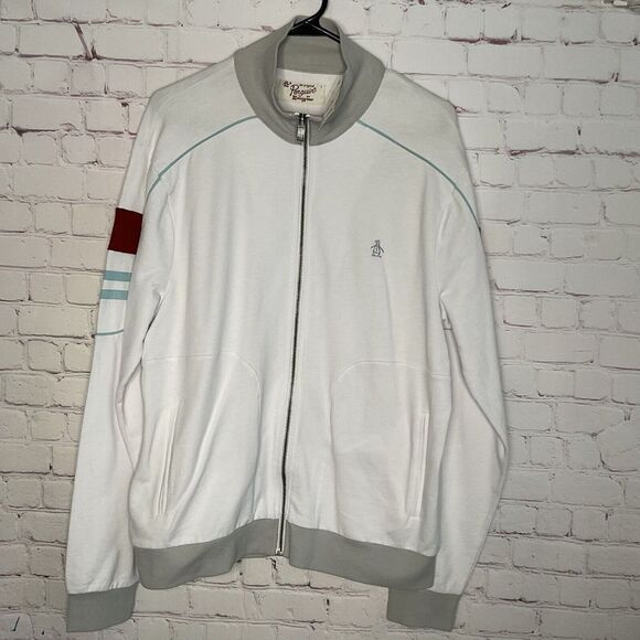 NWT Original Penguin Men's White Long Sleeve Zip Up Logo Jacket Size L. - Picture 5 of 9